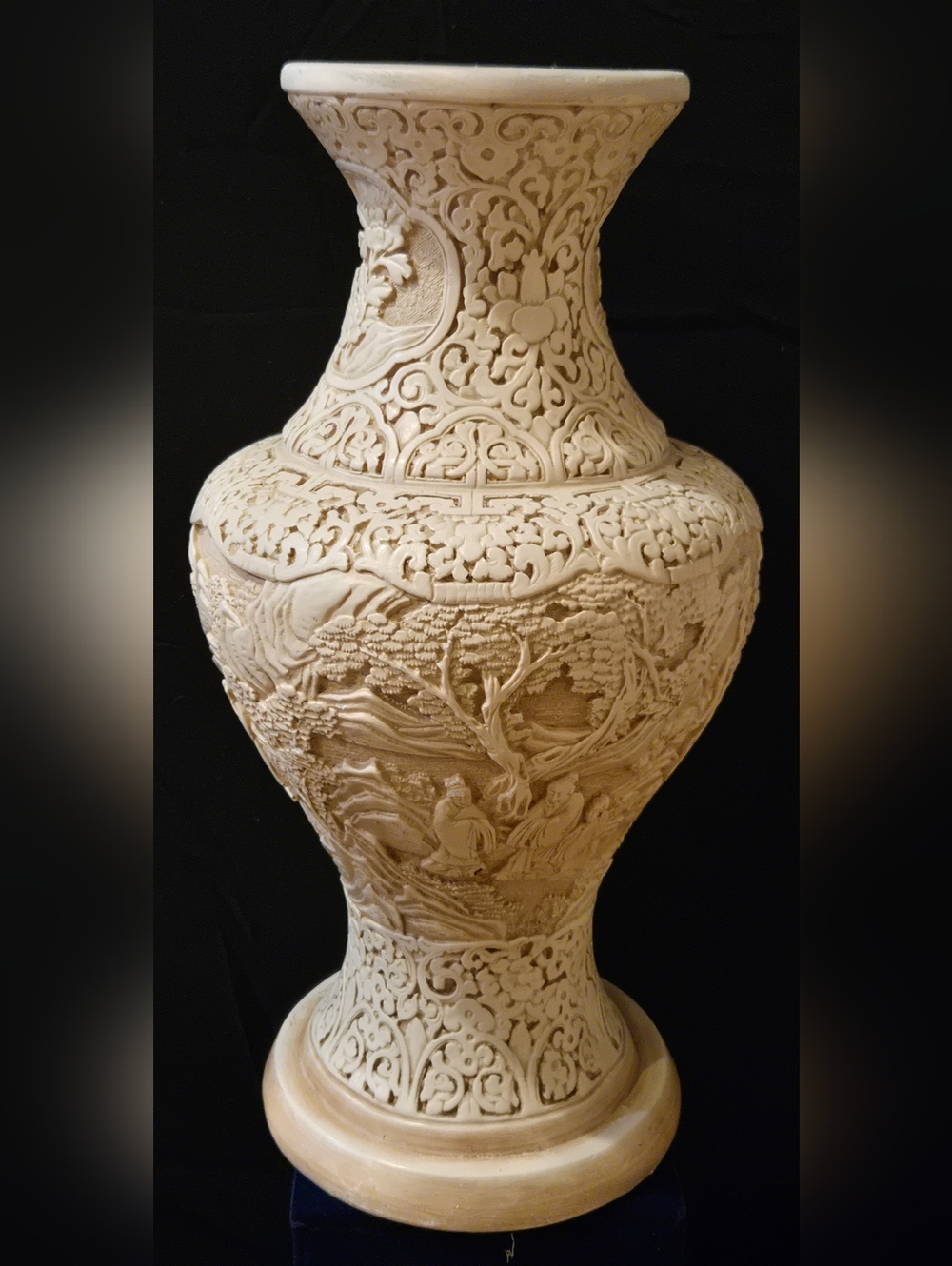 Intricate Carved Ivory-Color Chinese Cinnabar Decorative Vase - Home Art